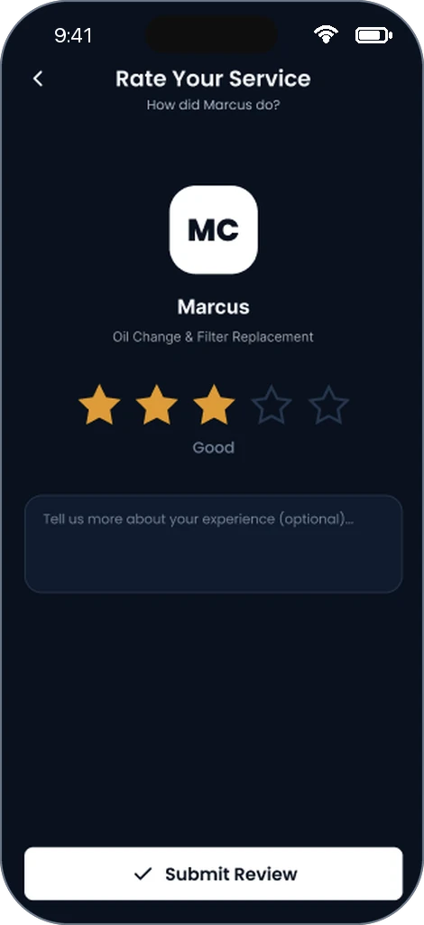 Novo Repairs app Rate Your Service screen, showing a three-star rating for the mechanic who completed an oil change and filter replacement, with a comment box and a Submit Review button.